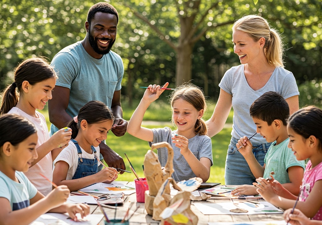 2 adults and 5 children dye easter eggs outside together